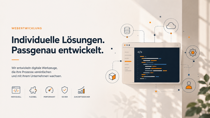 Ein modernes Design-Interface zeigt Codierung und digitale Tools. Der Text hebt die maßgeschneiderte Webentwicklung hervor, die Prozesse optimiert und Unternehmenswachstum unterstützt. Symbole repräsentieren Individualität, Flexibilität, Leistung, Sicherheit und Zukunftssicherheit. Der Hintergrund ist hell und freundlich, mit Schatten von Pflanzen.