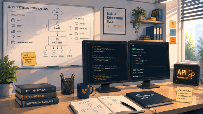 Ein Arbeitsbereich mit zwei Monitoren, auf denen Programmiercode angezeigt wird. Im Hintergrund befindet sich ein Whiteboard mit Diagrammen zum Thema API-Integration. Notizbücher und Bücher zu API-Design und Integrationsmustern sind auf dem Tisch verteilt. Ein grüner Pflanzen befindet sich in der Ecke.