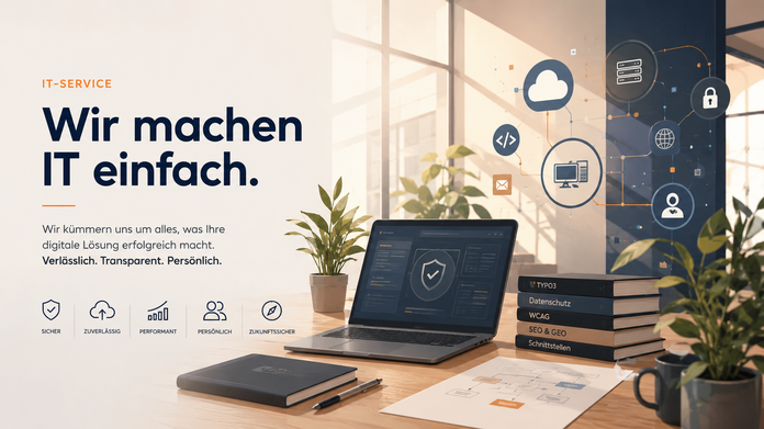 Ein modernes IT-Service-Büro mit einem Laptop, notizbuchähnlichen Materialien und Pflanzen. Auf der Wand sind digitale Grafiken und Symbole zu sehen. Der Text betont, dass IT einfach gemacht wird und umfasst Begriffe wie zuverlässig, transparent und persönlich.