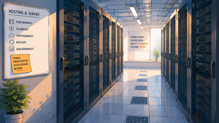 Ein Innenraum eines Rechenzentrums mit mehreren Server-Racks auf beiden Seiten. An der Wand hängen Informationen zu Hosting und Serverleistungen, darunter Performance, Sicherheit und Skalierbarkeit. Ein Fenster lässt Tageslicht herein und eine Pflanze steht in einem Topf am Boden.