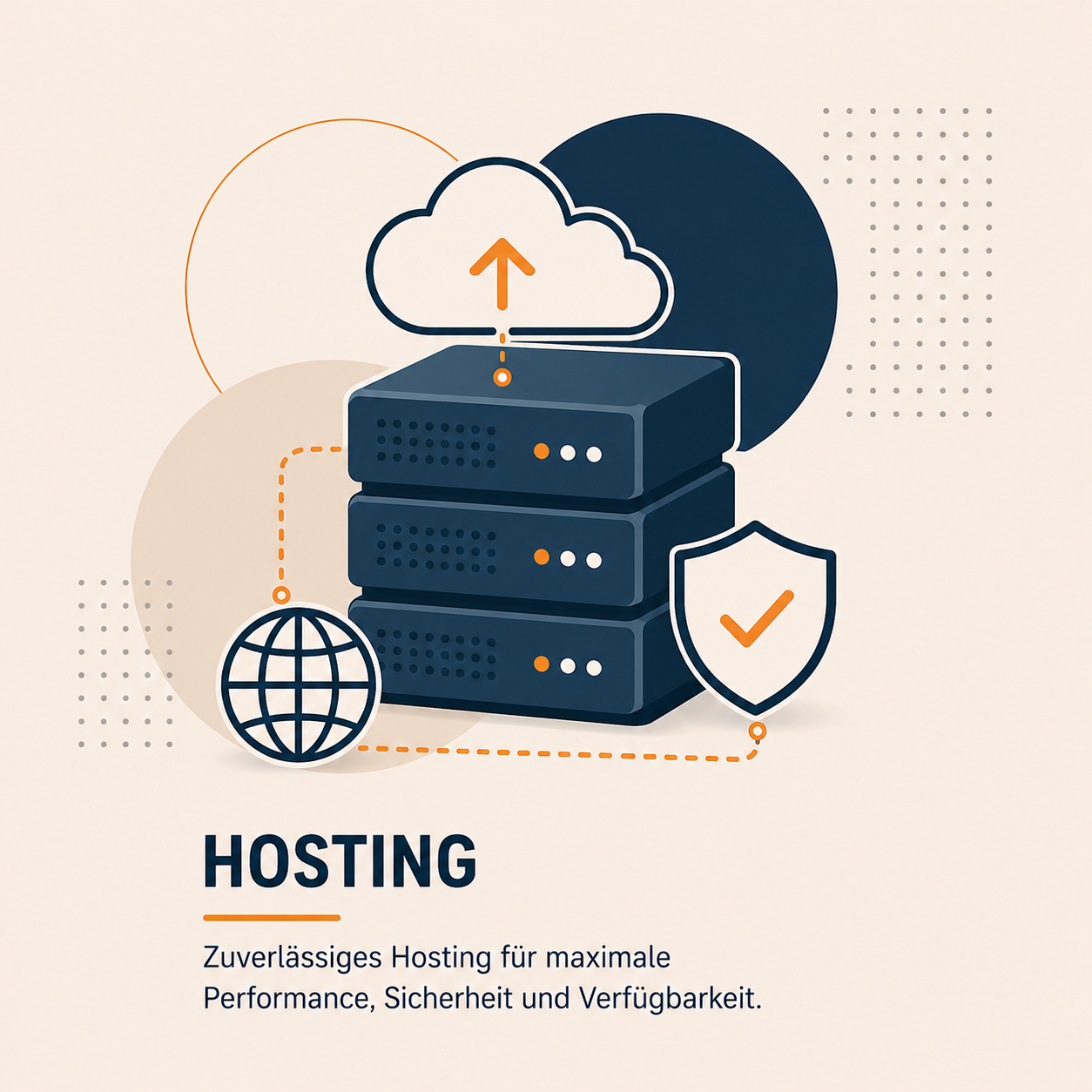 Grafische Darstellung von Hosting mit einem Cloud-Symbol, einem Server, einem Globus und einem Sicherheitssymbol. Der Text beschreibt zuverlässiges Hosting für maximale Leistung, Sicherheit und Verfügbarkeit. Farben: Blau, Orange, Beige.