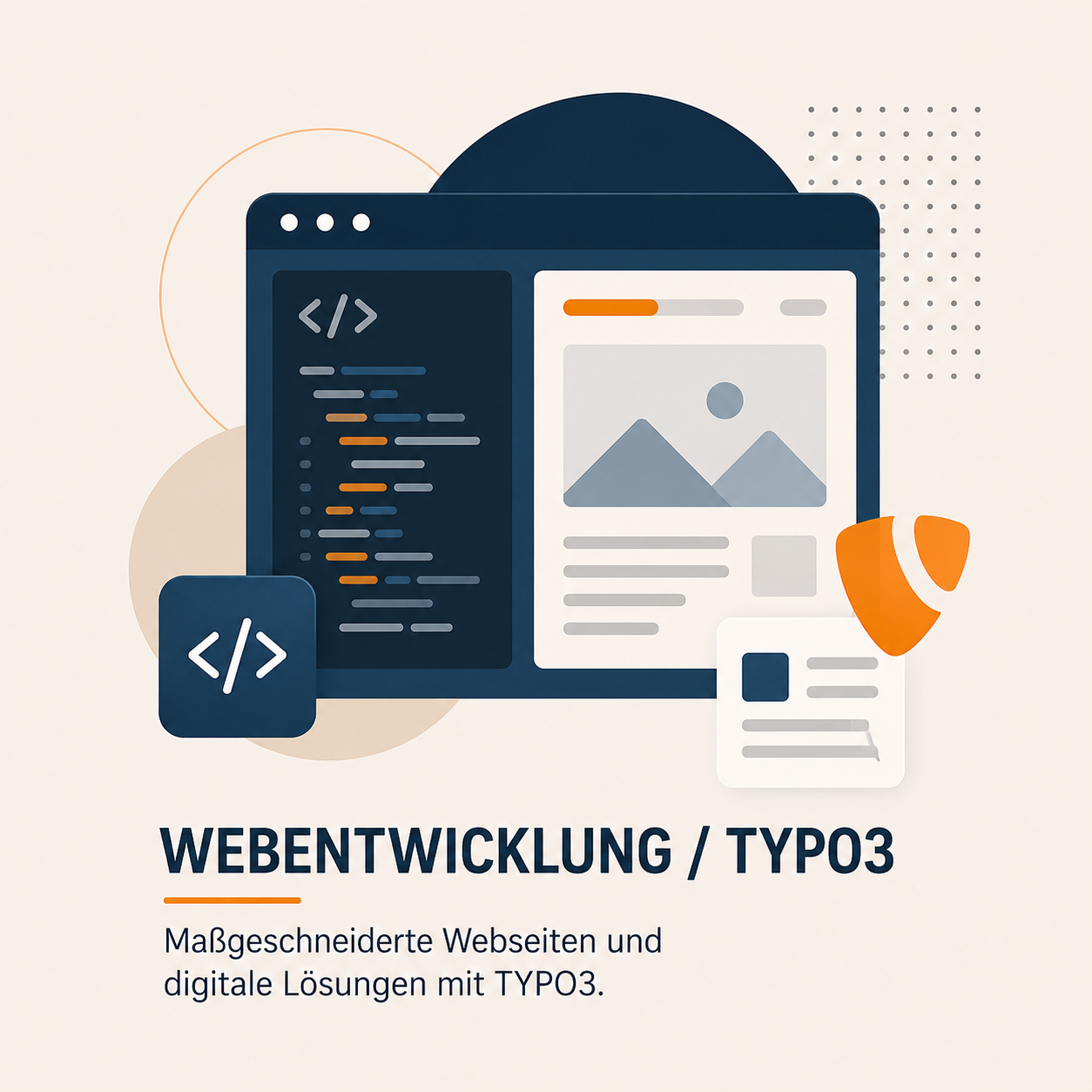 Ein stilisiertes Computerbildschirm-Design zeigt Programmiercode, ein Bild und Text. Darunter steht "Webentwicklung / TYPO3" mit dem Hinweis auf maßgeschneiderte Webseiten und digitale Lösungen. Der Hintergrund ist in sanften Farben gehalten und umfasst geometrische Formen.