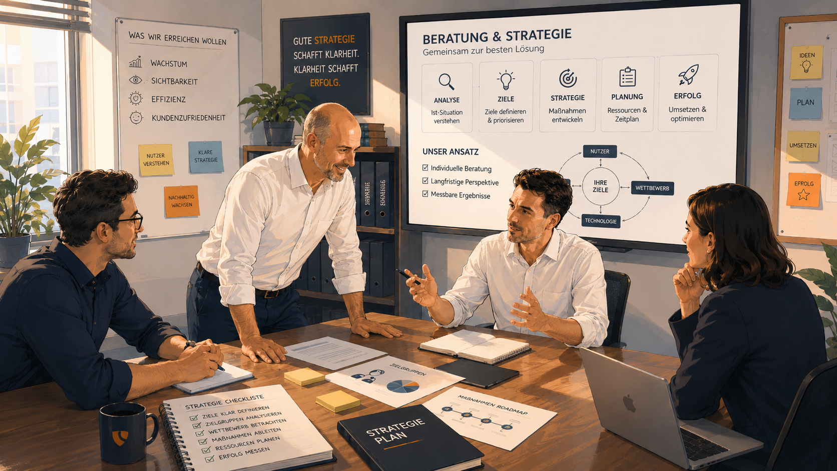 Vier Personen sitzen an einem Tisch in einem Besprechungsraum. Sie diskutieren über Strategien und Pläne, während ein Bildschirm mit Diagrammen und Texten im Hintergrund sichtbar ist. Arbeitsmaterialien sind auf dem Tisch verteilt, darunter Notizen und Laptops.