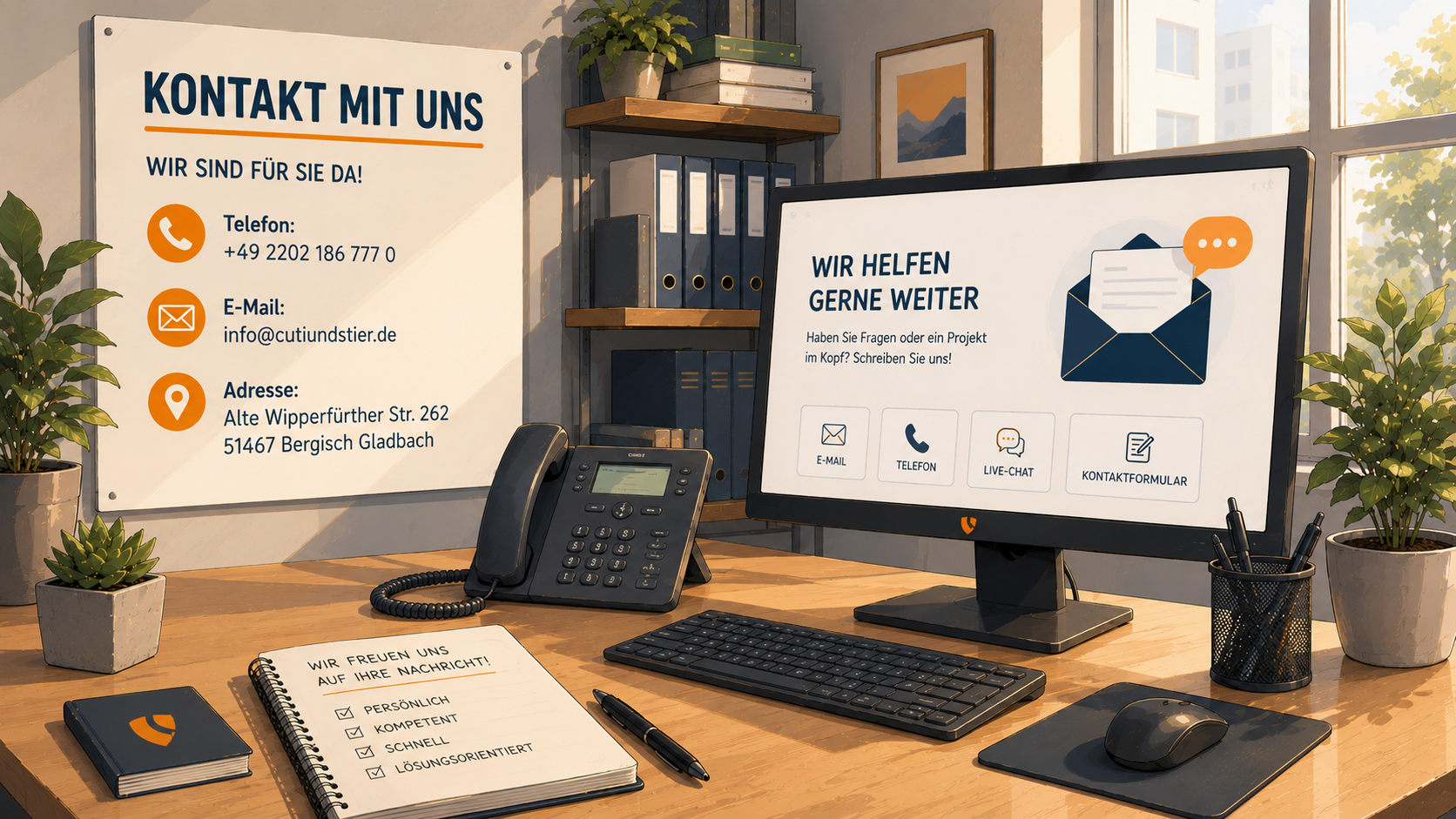 Ein moderner Schreibtisch mit einem Computer, Telefon und Notizblock. An der Wand hängt ein Schild mit Kontaktinformationen. Auf dem Bildschirm sind Symbole für Telefon, Live-Chat und ein Kontaktformular zu sehen. Der Raum hat viel Tageslicht und Pflanzen.